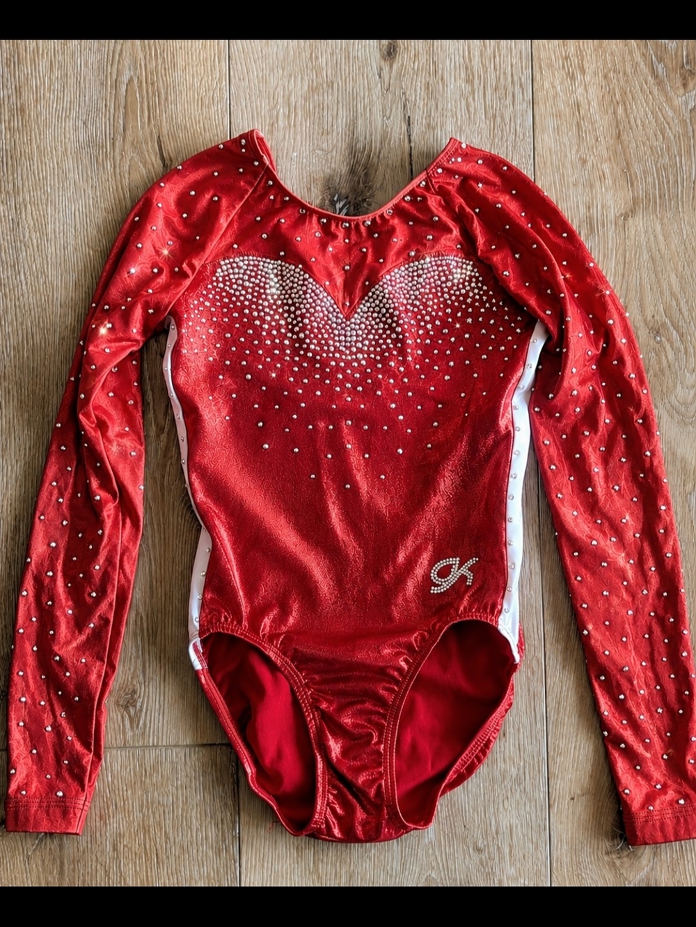 GK Elite CL Red Rhinestone Sweetheart Long Sleeve Metallic Gymnastics Leotard